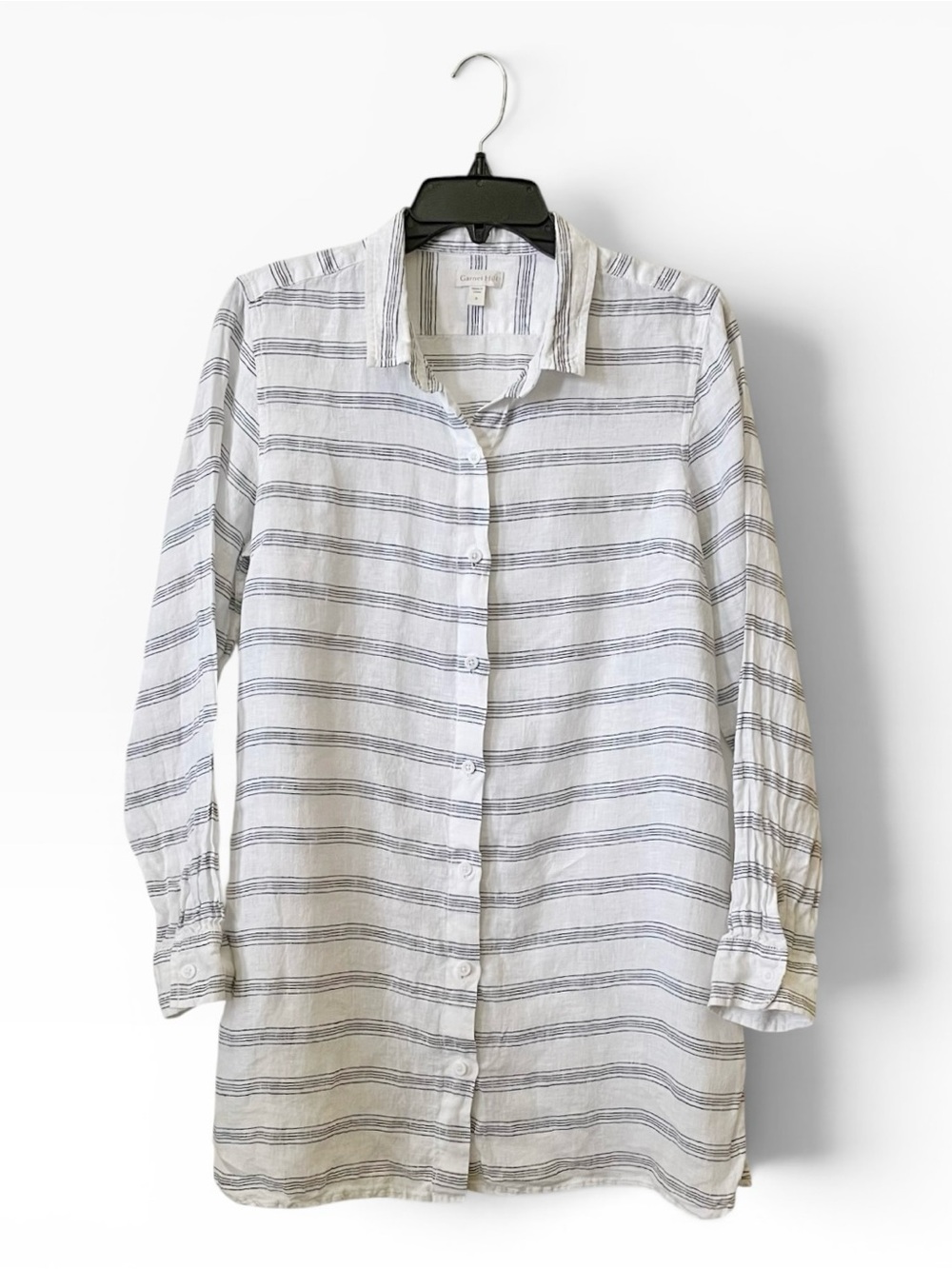 Garnet Hill 100% Linen Button Front Shirt Women's Size S White Black Stripe Long